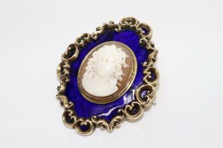 A Antique Victorian 9ct 375 Yellow Gold Enamelled Cameo Brooch 13079