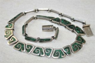 Vintage Taxco Mexico Malachite Inlay Sterling Silver Necklace Signed Innez