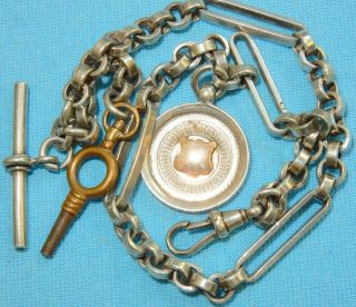 1911 Sterling Silver Heavy Albert Pocket Watch Chain & Fob - Chester Hm 42.  3 G