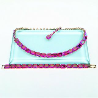 Rare Vintage Signed Weiss Red Aurora Borealis Crystal Necklace & Bracelet Set