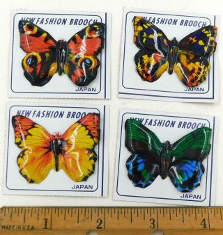 Set Of Four Different Vintage Japanese Tin Novelty Brooch Butterflies - On Cards