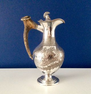 Rare 19th C.  Silver On Copper Claret Jug Antler Handle Fenton Brothers C1870