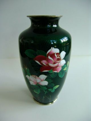 Cloisonne And Guilloché Vase Clear Green Enamel With Roses 7 3/4 " High
