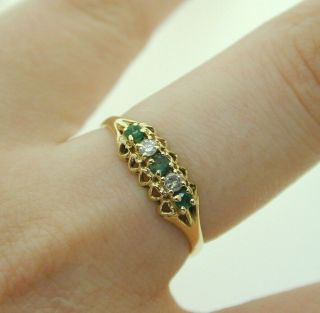 Vintage Emerald Diamond & 9 Ct Yellow Gold 5 Stone Half Eternity Ring 1.  7g 1985