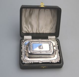 Antique Silver Plate Superior Novelty Armorial Butter Dish - Boxed C.  1920