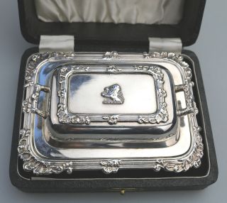 Antique Silver Plate superior novelty Armorial Butter Dish - boxed C.  1920 2