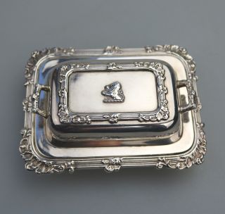 Antique Silver Plate superior novelty Armorial Butter Dish - boxed C.  1920 4