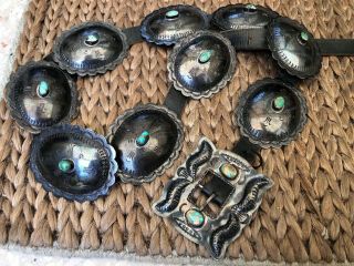 Rare Old Pawn Sterling Silver & Turquoise Native American Concho Belt & Buckle