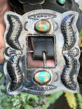 RARE Old Pawn STERLING SILVER & Turquoise Native American CONCHO BELT & BUCKLE 2
