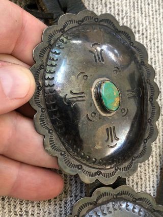RARE Old Pawn STERLING SILVER & Turquoise Native American CONCHO BELT & BUCKLE 8