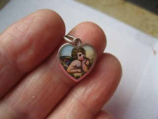 Vintage enamel & Sterling Silver Cherub Angel Heart Charm 