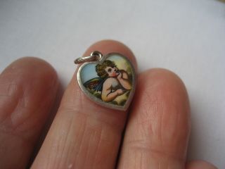 Vintage enamel & Sterling Silver Cherub Angel Heart Charm 