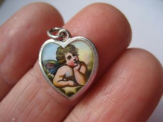 Vintage enamel & Sterling Silver Cherub Angel Heart Charm 