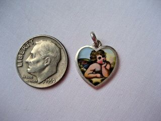Vintage enamel & Sterling Silver Cherub Angel Heart Charm 
