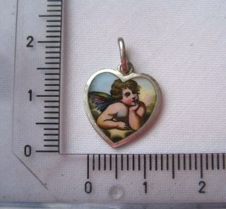 Vintage enamel & Sterling Silver Cherub Angel Heart Charm 