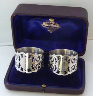 Boxed Pair London 1900 Hallmarked Solid Silver Napkin Rings Serviette Ring