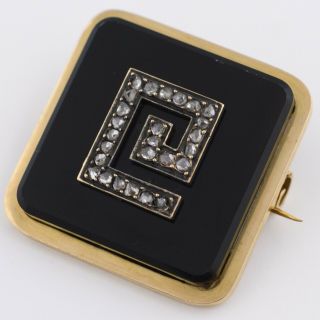 Antique Victorian French 14k Gold Rose Cut Diamond Greek Key Onyx Brooch Pin