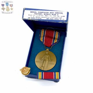 Wwii Us Victory Medal Ribbon Bar Honorable Discharge Lapel Pin J.  R.  Woods Box