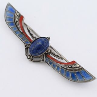 Vtg Art Nouveau Plique A Jour Enamel Egyptian Revival Scarab Silver Brooch Pin