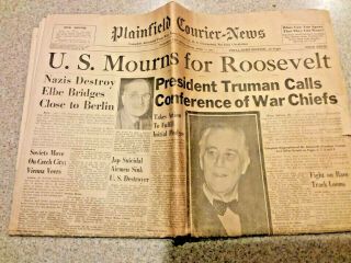 Fdr Roosevelt Dies,  Truman Pres April 13,  1945 Plainfield Nj Courier News Wwii