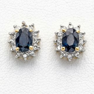 Vintage 14k White &yellow Gold 1 Carat Sapphire & 0.  24 Tcw Diamond Stud Earrings