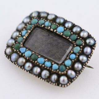 Antique Victorian Mourning 10k Gold Hair Turquoise Seed Pearl Halo Brooch Pin