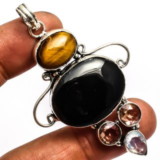 Black Onyx,  Tiger Eye,  Smokey Topaz Pendant 925 Silver Jewelry Sz2.  73 "
