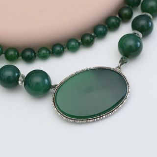 Vtg Art Deco Sterling Silver Natural Chrysoprase & Crystal Bead Pendant Necklace