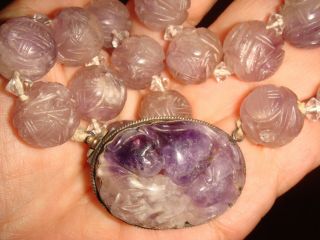 Antique Chinese Sterling Silver Carved 14mm.  Amethyst Shou Bead Pendant Necklace