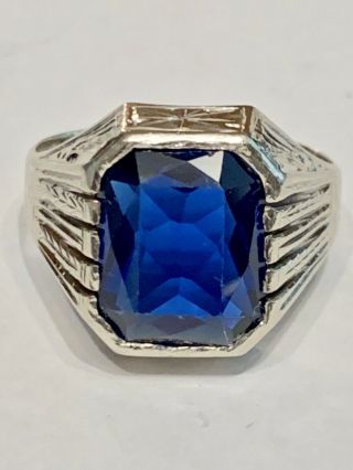Antique 10k White Gold 5.  0 Ct Blue Sapphire Art - Deco Filigree Ring Sz 8,  5.  1g
