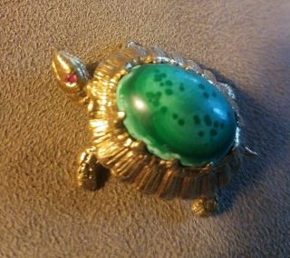 Vintage " 10k  Gold " Turtle Brooch Green Shell And Pink Eye,  No Markings