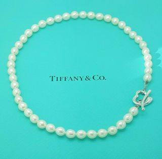 Tiffany & Co Elsa Peretti Silver Open Heart Toggle Pearl Strand Necklace Rare