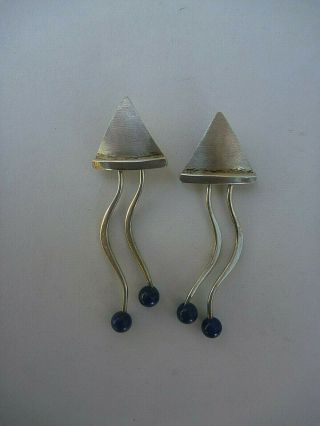 Signed Ed Levin Mid Century Modern Mcm Brush Sterling Lapis Dangle Earrings