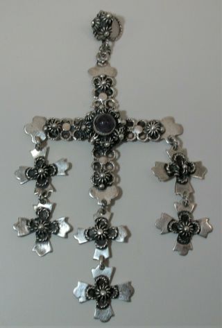 Stunning Handcraftd Amethyst Yalalag Cross Taxco Mexican Sterling Silver Signed