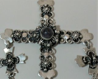 Stunning Handcraftd Amethyst Yalalag Cross Taxco Mexican Sterling Silver Signed 2