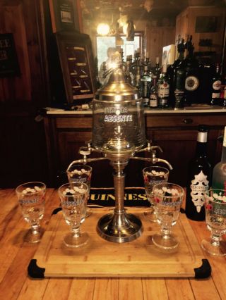 French Vintage Silver Metal & Cut Glass Absinthe Fountain,  4 - Spouts,  6 Glasses