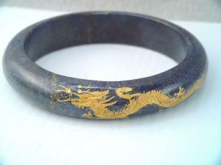 Vintage Chinese Lg Hand Carved Blue Lapis Stone Bangle Bracelet,  Gold Dragon
