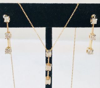 Vintage 10k Solid Yellow Gold Round Diamond Ci Signed Earrings And Necklace Set