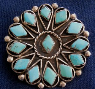 Native American Sterling Silver Turquoise Ladys Vintage Round Pin Estate