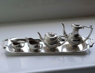 Sterling Silver Miniature Queen Anne Style Tea & Coffee Service With Tray