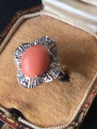 Vintage 14ct White Gold Natural Coral And Diamond Ring Circa 1950 