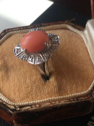 Vintage 14ct white gold natural coral and diamond ring circa 1950 ' s (I) 2