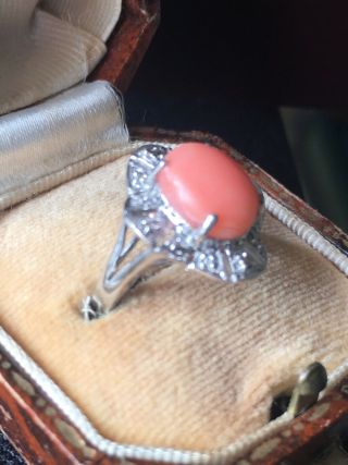 Vintage 14ct white gold natural coral and diamond ring circa 1950 ' s (I) 3