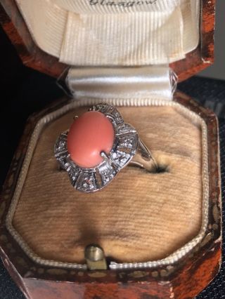 Vintage 14ct white gold natural coral and diamond ring circa 1950 ' s (I) 4