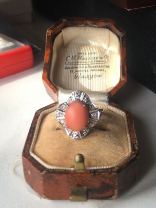 Vintage 14ct white gold natural coral and diamond ring circa 1950 ' s (I) 6