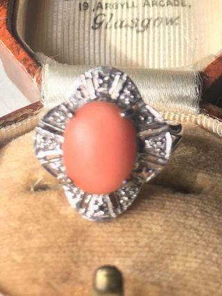 Vintage 14ct white gold natural coral and diamond ring circa 1950 ' s (I) 7
