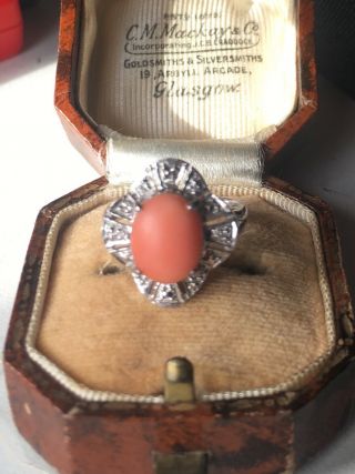 Vintage 14ct white gold natural coral and diamond ring circa 1950 ' s (I) 8