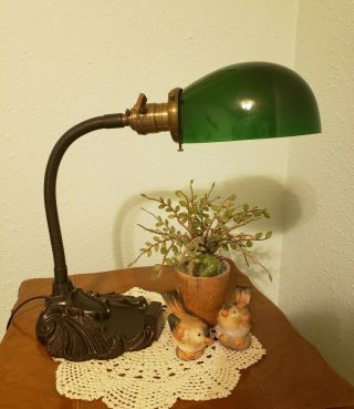 Restored Vintage Gooseneck Desk Or Table Lamp With Green Glass Pharmacy Shade