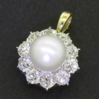 Antique Platinum 14k Yellow Gold 0.  70ct Old Miner 6.  25mm Pearl Cluster Pendant