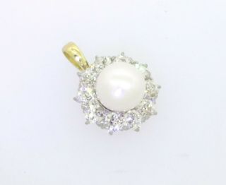 Antique platinum 14k yellow gold 0.  70ct old miner 6.  25mm pearl cluster pendant 2